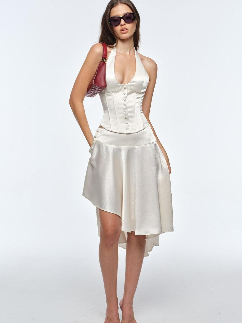 BUM STUDIO Satin Mercerized Drape Asymmetrical Low Rise Women's A Line Midi Skirts