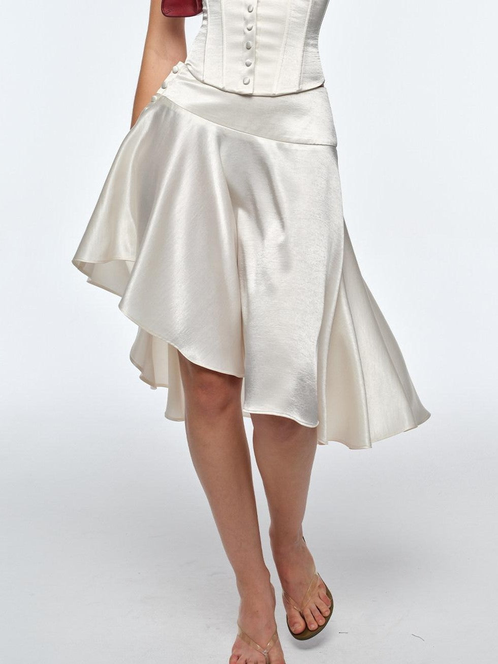 BUM STUDIO Satin Mercerized Drape Asymmetrical Low Rise Women's A Line Midi Skirts