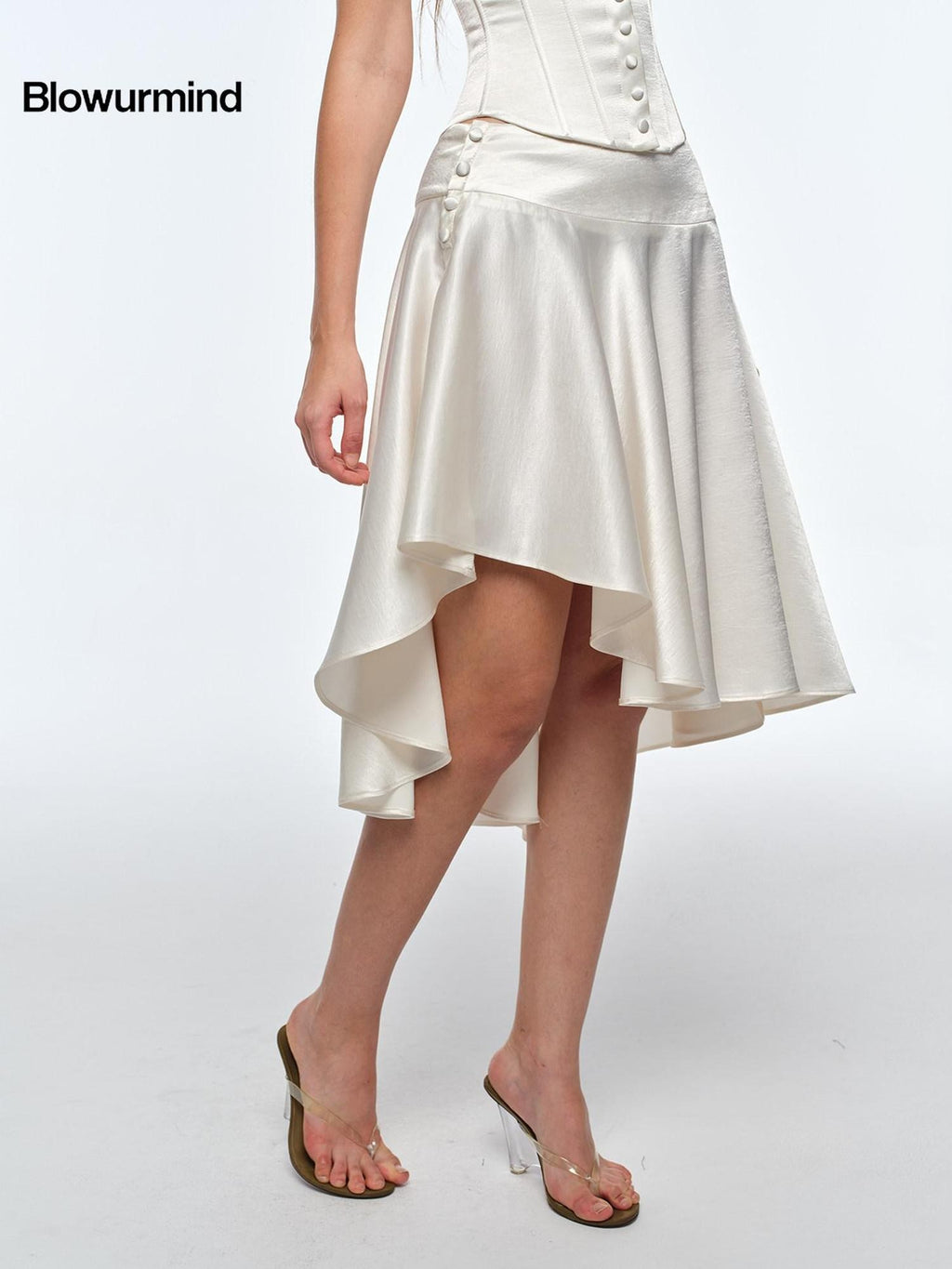 BUM STUDIO Satin Mercerized Drape Asymmetrical Low Rise Women's A Line Midi Skirts