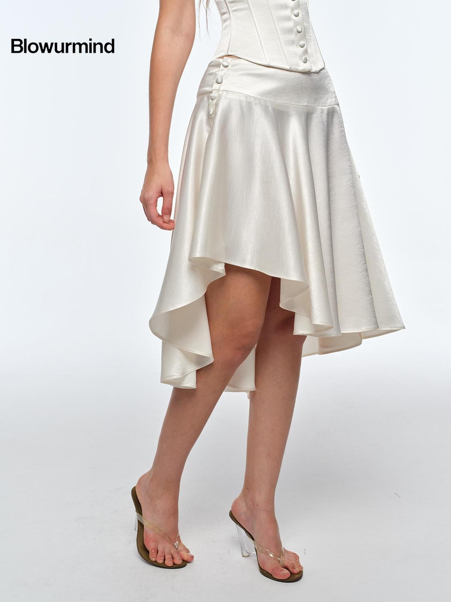BUM STUDIO Satin Mercerized Drape Asymmetrical Low Rise Women's A Line Midi Skirts