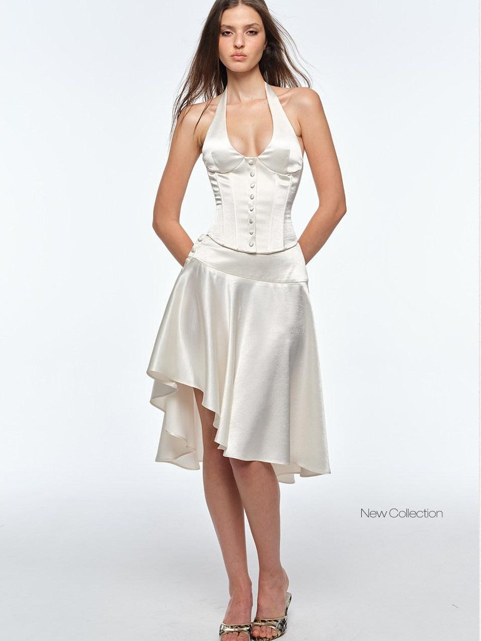 BUM STUDIO Satin Mercerized Drape Asymmetrical Low Rise Women's A Line Midi Skirts