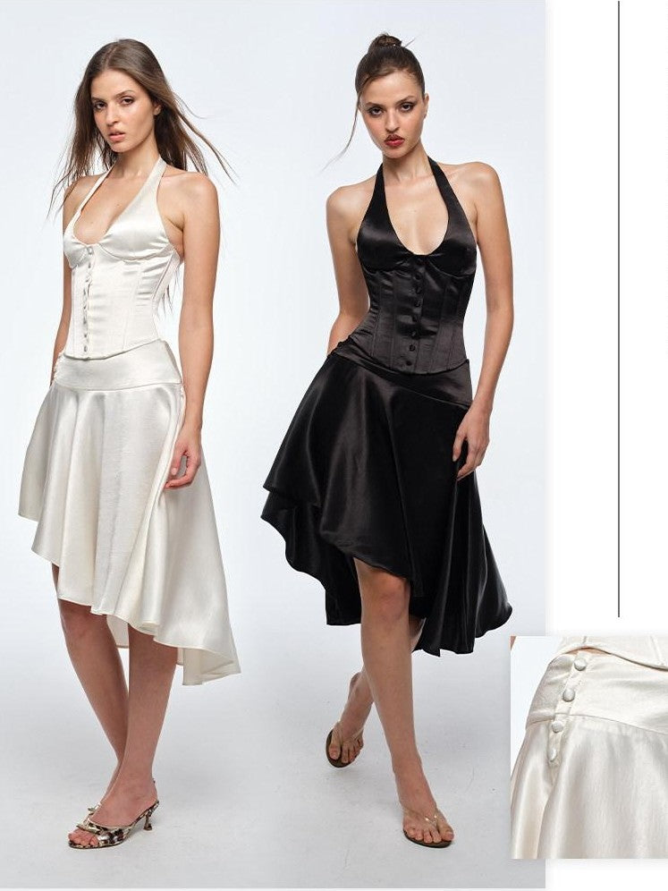 BUM STUDIO Satin Mercerized Drape Asymmetrical Low Rise Women's A Line Midi Skirts