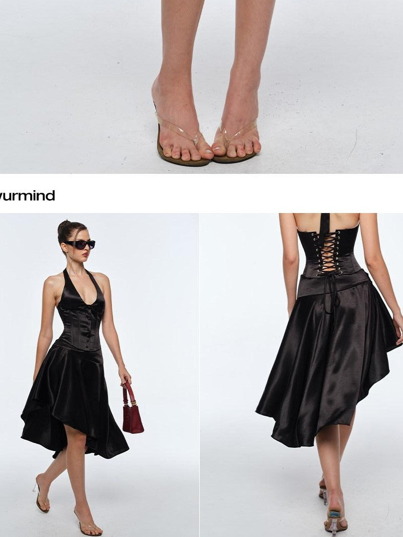 BUM STUDIO Satin Mercerized Drape Asymmetrical Low Rise Women's A Line Midi Skirts