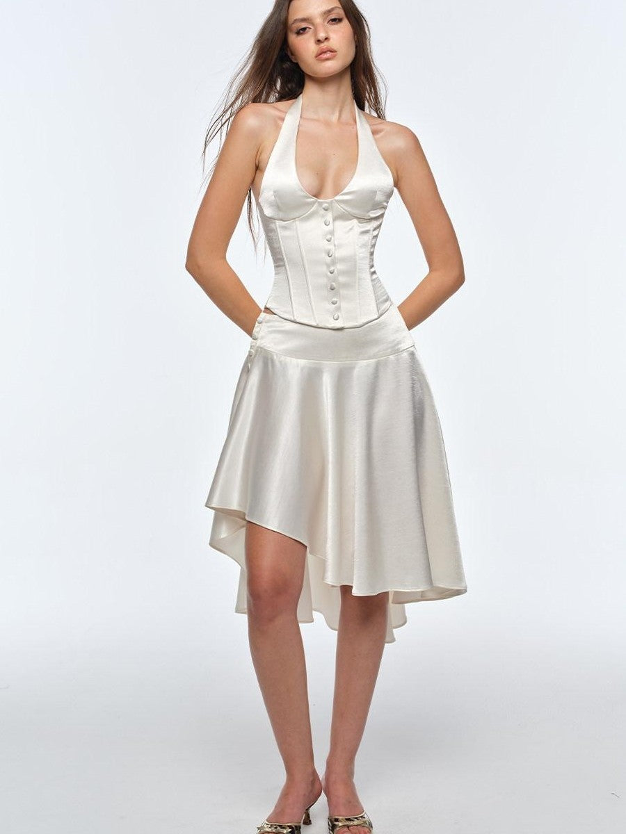 BUM STUDIO Satin Mercerized Drape Asymmetrical Low Rise Women's A Line Midi Skirts