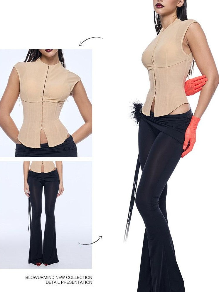 BUM STUDIO Shaping Pressure Mesh Double Layer Boned Waist Women's Nylon Tank Tops