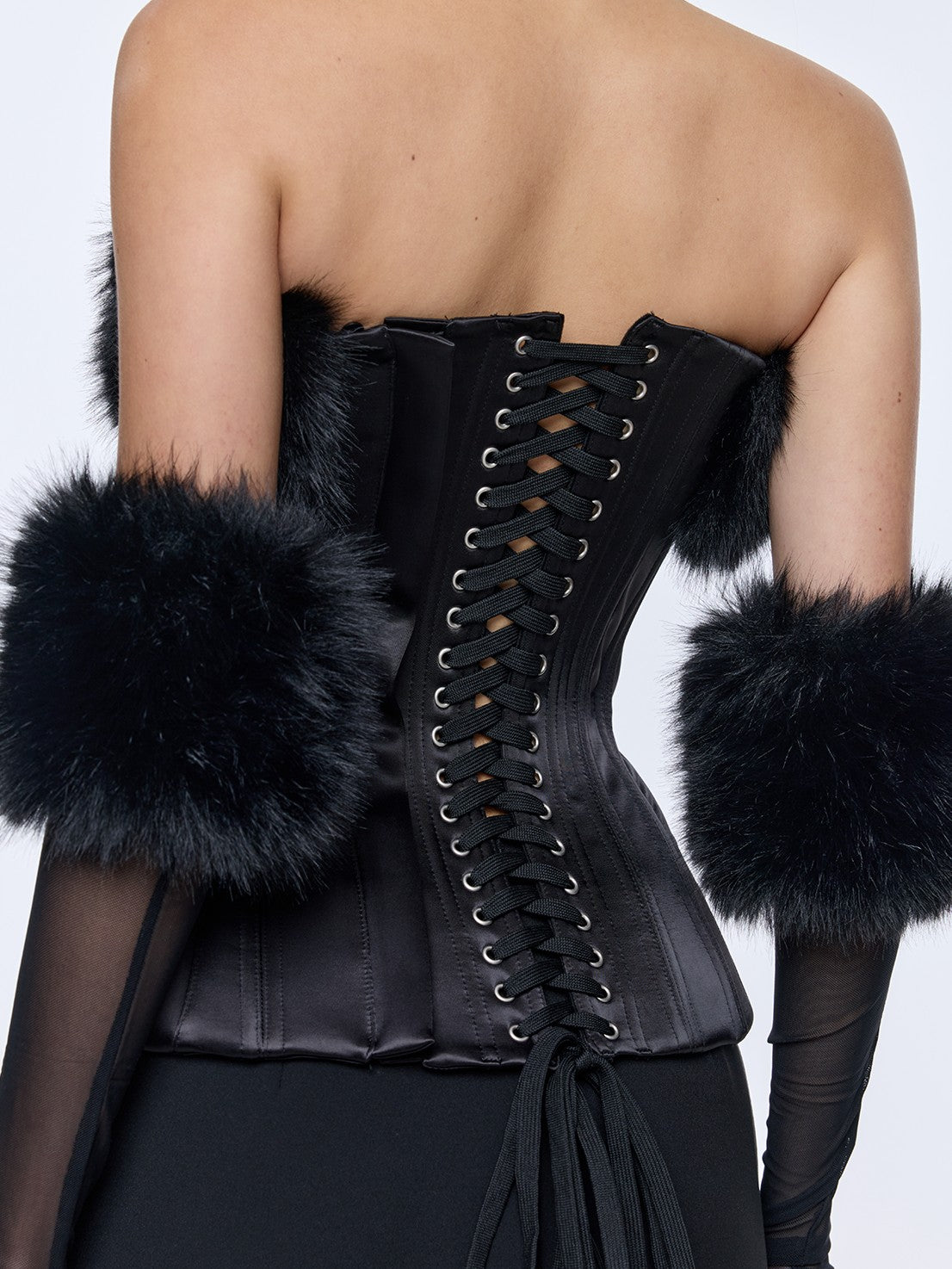 BUM STUDIO Sheen Boned Zippered Adjustable Waist Detachable Fur Women's Satin Corset Tops