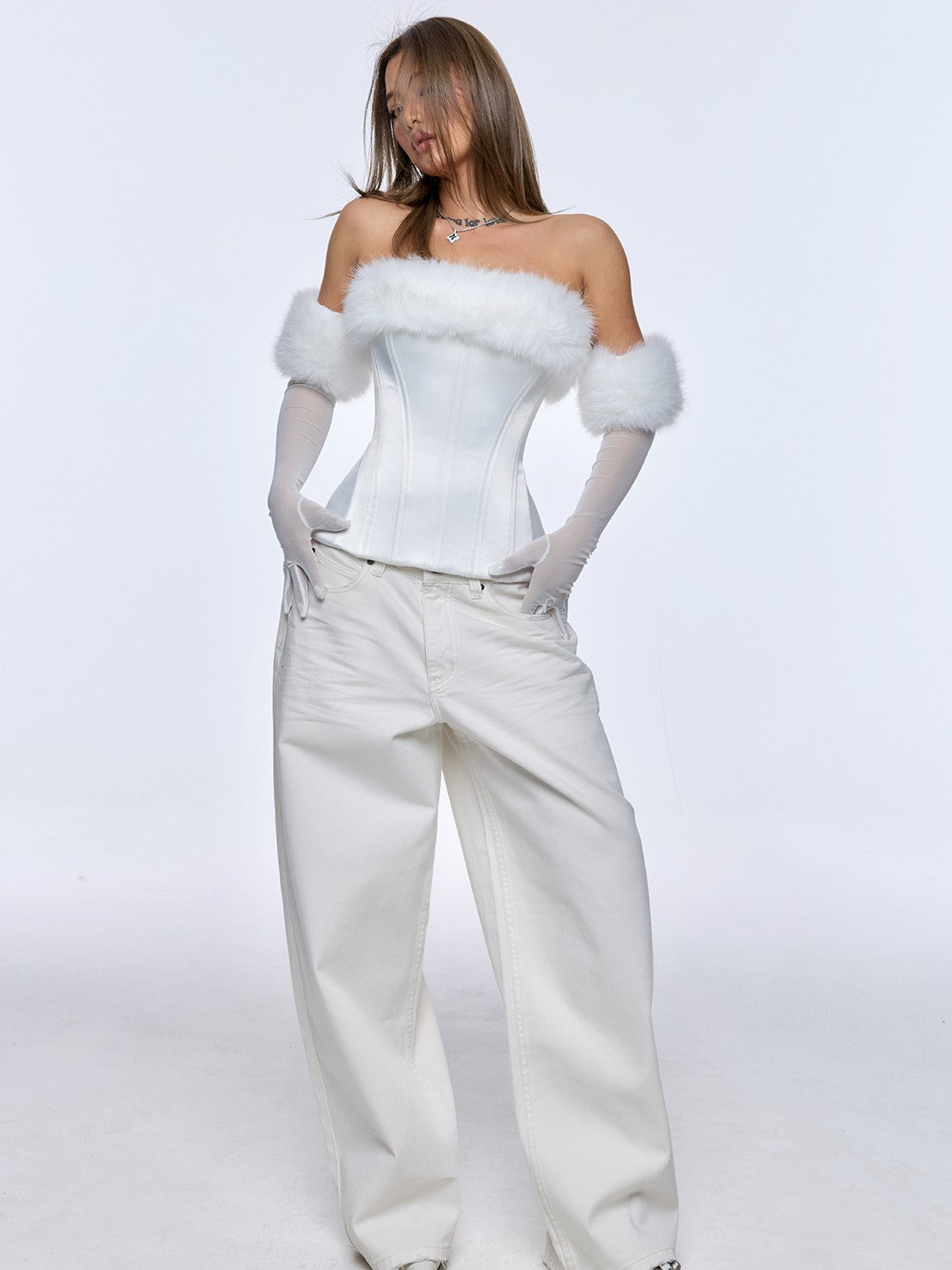 BUM STUDIO Sheen Boned Zippered Adjustable Waist Detachable Fur Women's Satin Corset Tops