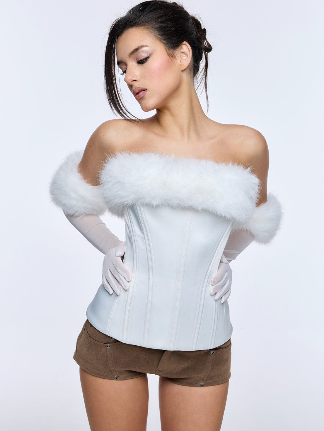 BUM STUDIO Sheen Boned Zippered Adjustable Waist Detachable Fur Women's Satin Corset Tops
