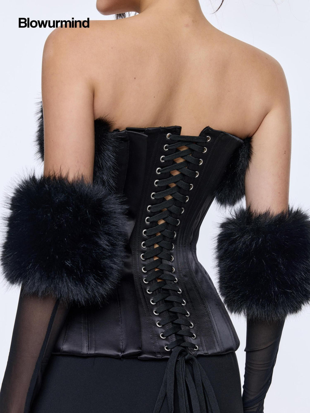 BUM STUDIO Sheen Boned Zippered Adjustable Waist Detachable Fur Women's Satin Corset Tops