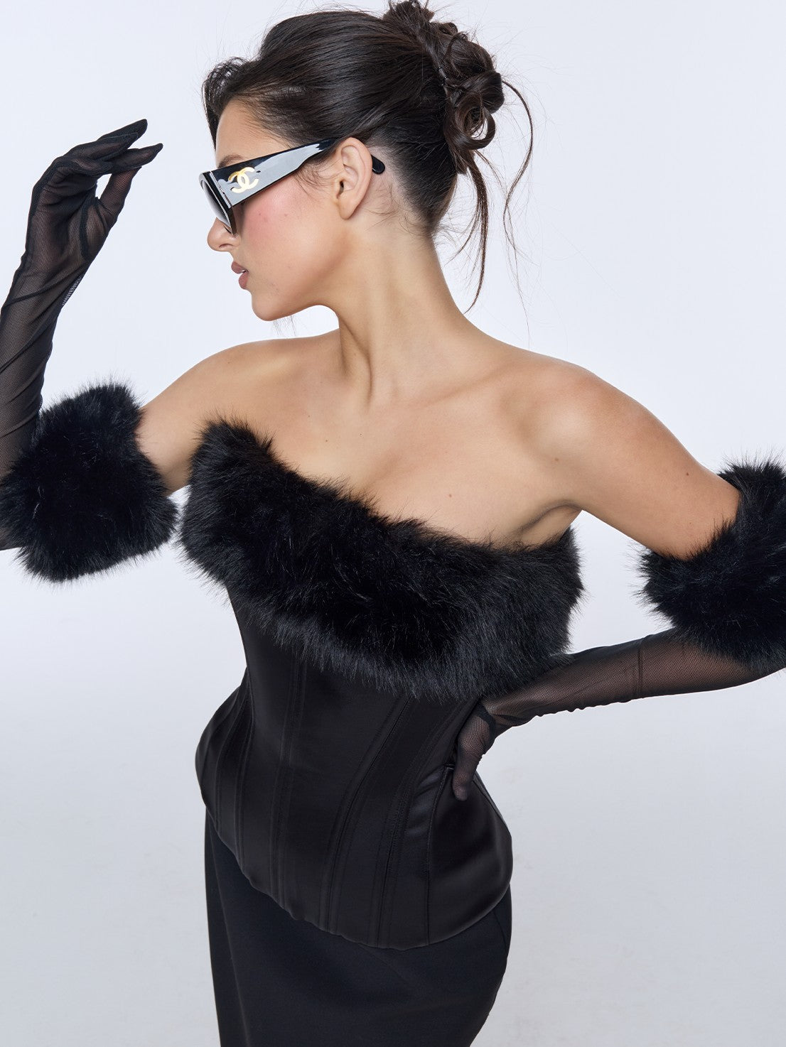BUM STUDIO Sheen Boned Zippered Adjustable Waist Detachable Fur Women's Satin Corset Tops