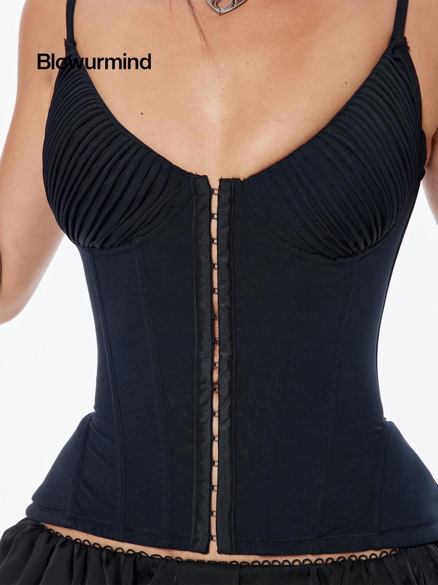 BUM STUDIO Sheer Mesh Double Layer Boned Lace Up Zipper Padded Women's Nylon Bandeau Tops