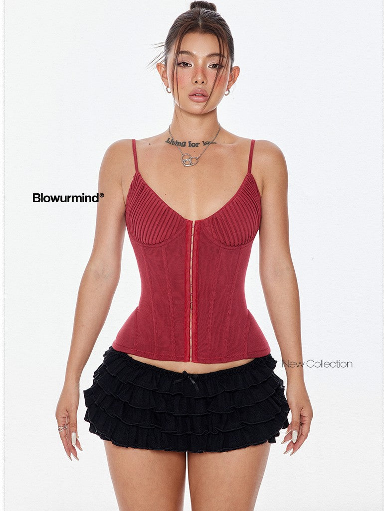 BUM STUDIO Sheer Mesh Double Layer Boned Lace Up Zipper Padded Women's Nylon Bandeau Tops