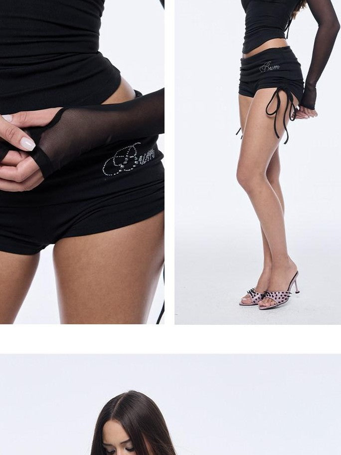 BUM STUDIO Sheer Mesh Padded Hotfix Rhinestones Women's Nylon Halter Tops