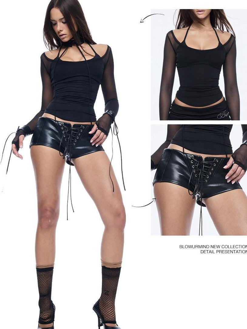 BUM STUDIO Sheer Mesh Padded Hotfix Rhinestones Women's Nylon Halter Tops