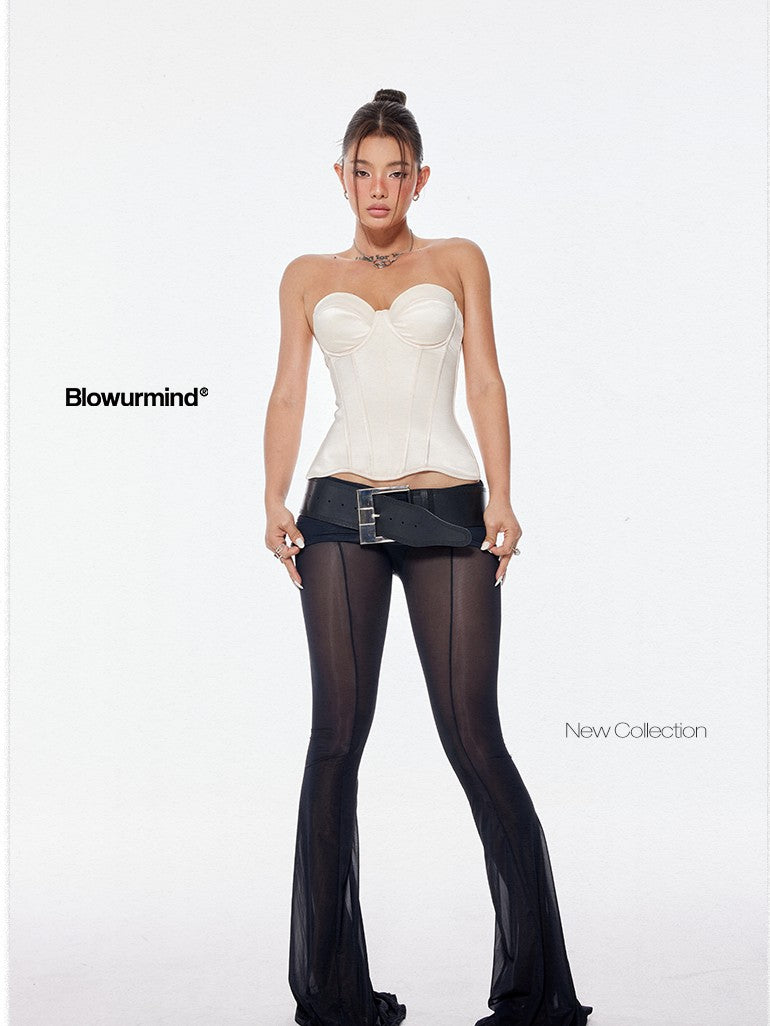 BUM STUDIO Sheer Mesh Shiny Skirted Double Waistband Low Rise Women's Knitted Flare Pants