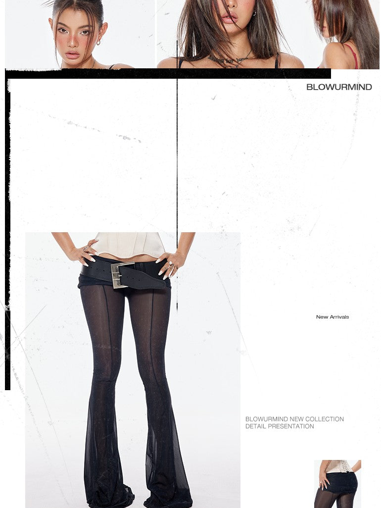 BUM STUDIO Sheer Mesh Shiny Skirted Double Waistband Low Rise Women's Knitted Flare Pants