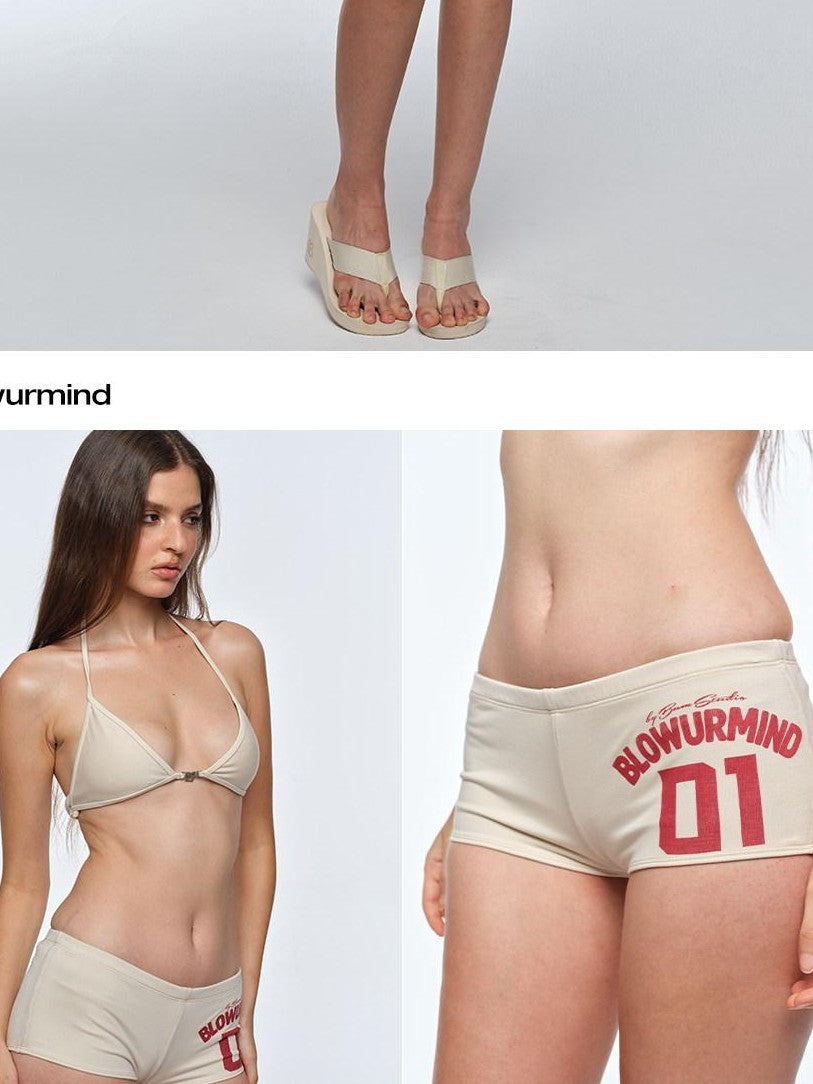 BUM STUDIO Sheer Padded Bikini Double Layer Bell Sleeve Women's Casual Top & Shorts Sets