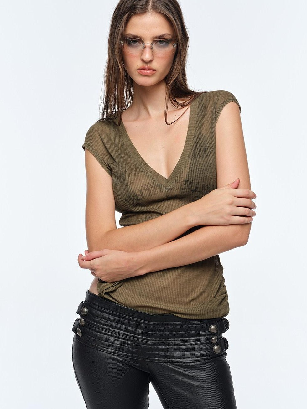 BUM STUDIO Sheer Paper Doll Rust Print Women's Linen Short Sleeve T-shirts