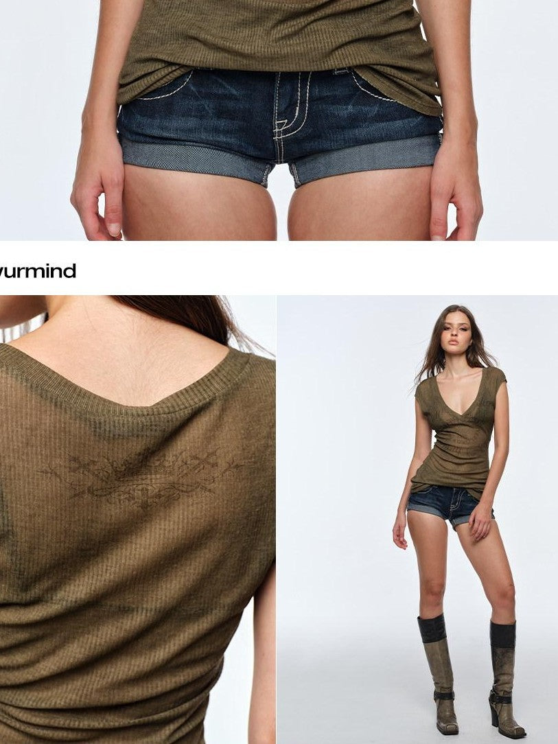 BUM STUDIO Sheer Paper Doll Rust Print Women's Linen Short Sleeve T-shirts