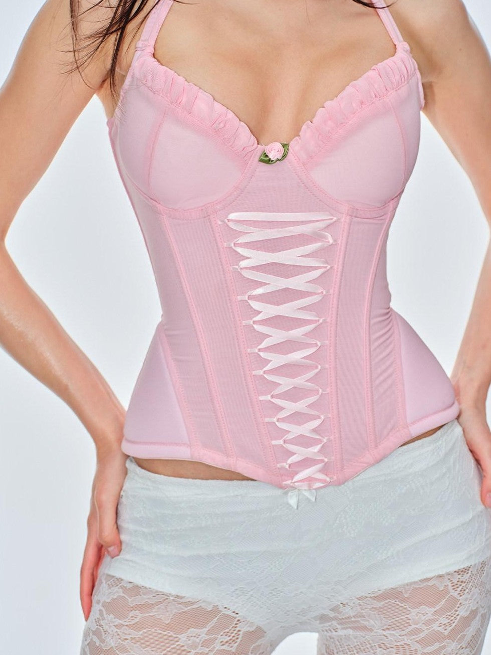 BUM STUDIO Sheer Pink Lace Double Layer Boned Waist Women's Mesh Corset Camisoles