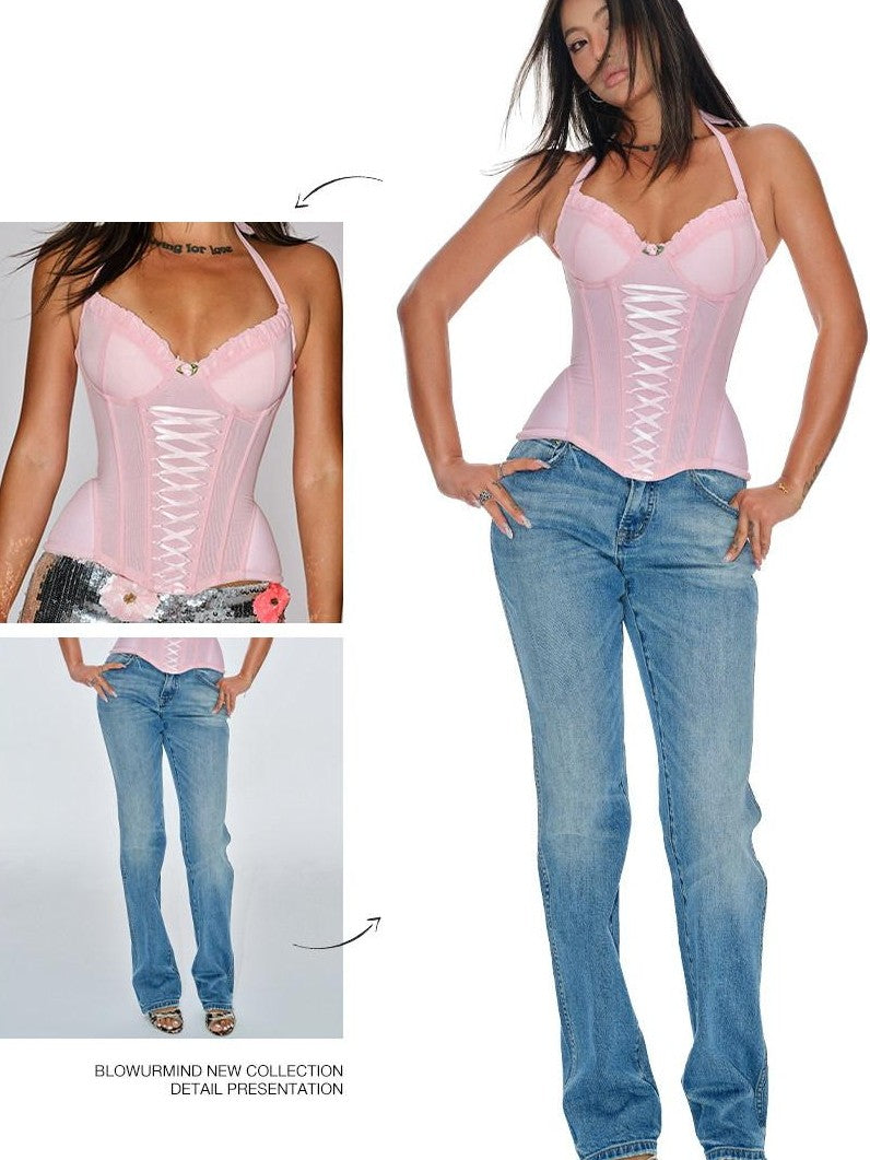 BUM STUDIO Sheer Pink Lace Double Layer Boned Waist Women's Mesh Corset Camisoles
