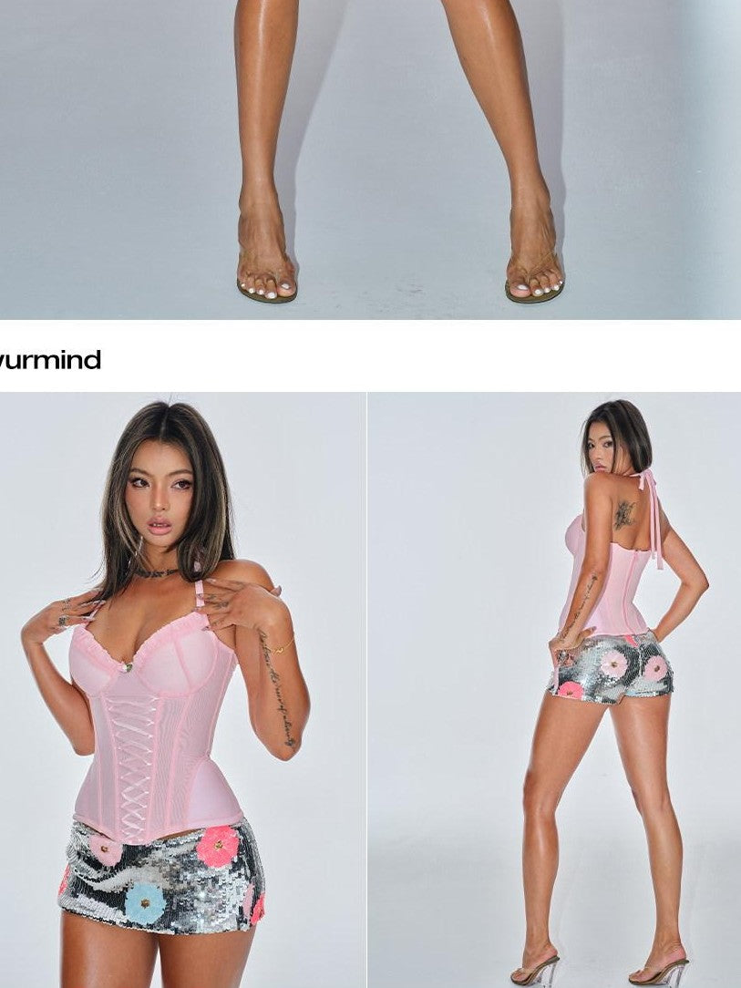 BUM STUDIO Sheer Pink Lace Double Layer Boned Waist Women's Mesh Corset Camisoles