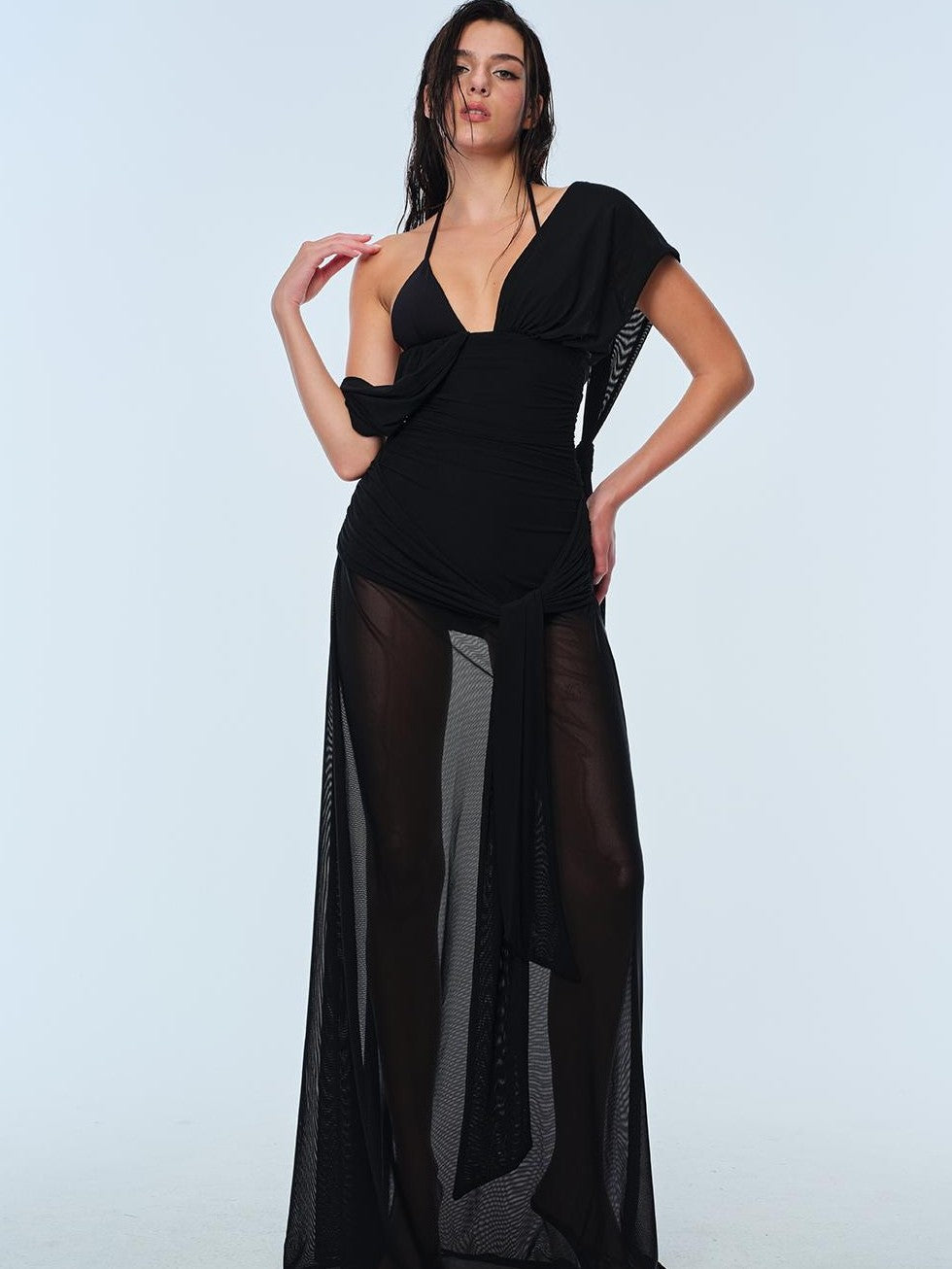 BUM STUDIO Sheer Spliced Bodycon Sleeveless Women's Mesh Maxi Dresses
