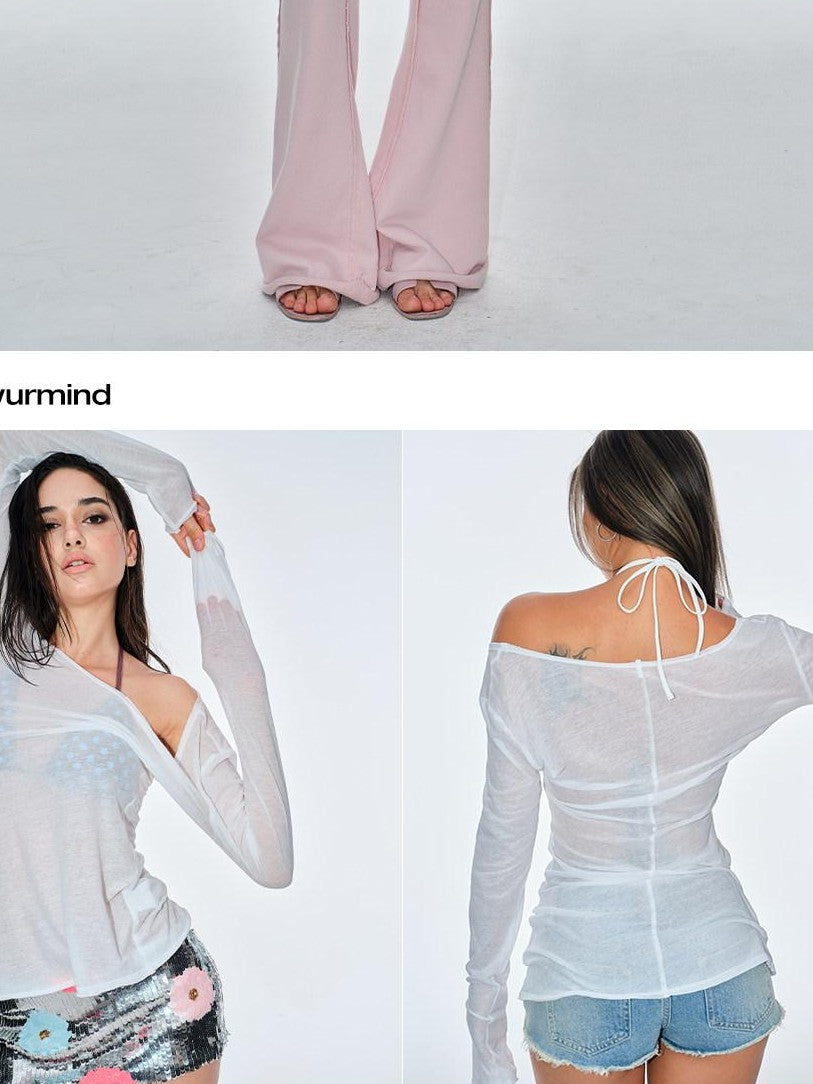 BUM STUDIO Sheer Textured Ultra Thin Slight Waist Women's Cotton Long Sleeve T-shirts
