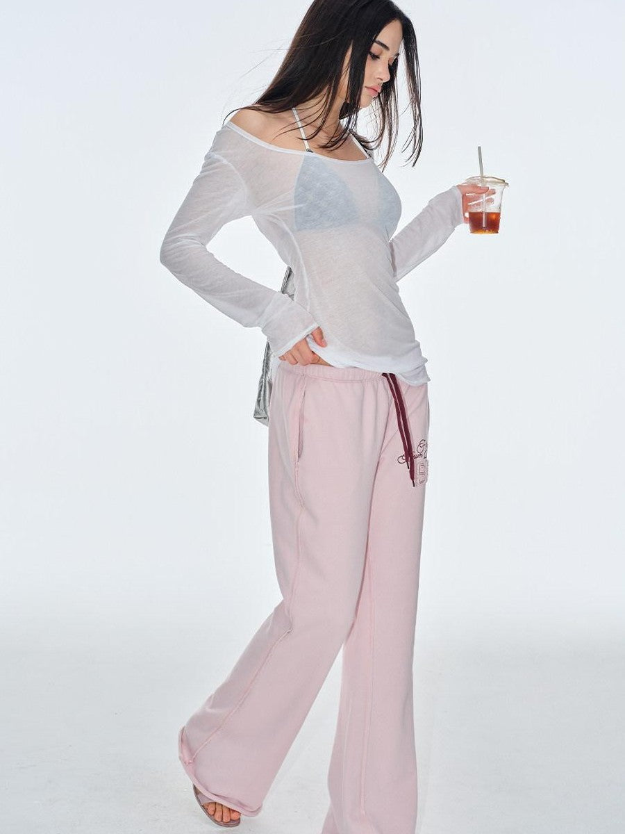 BUM STUDIO Sheer Textured Ultra Thin Slight Waist Women's Cotton Long Sleeve T-shirts