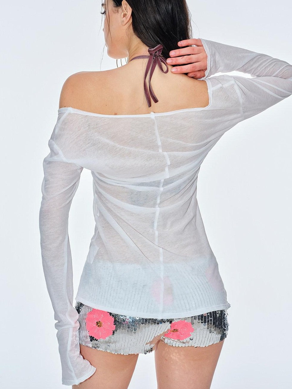 BUM STUDIO Sheer Textured Ultra Thin Slight Waist Women's Cotton Long Sleeve T-shirts