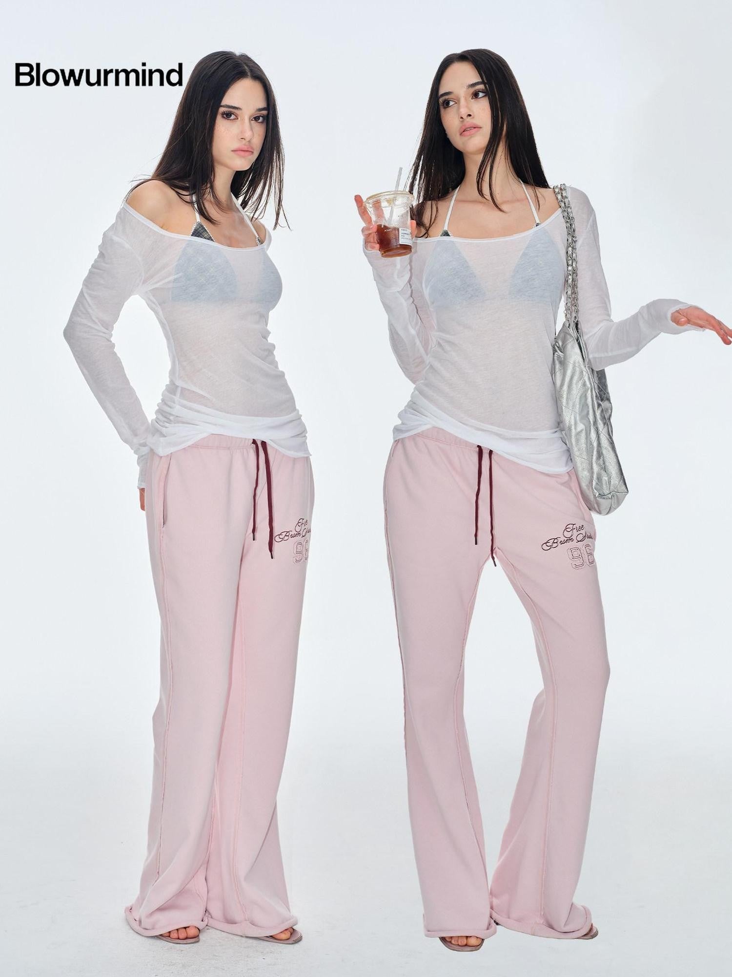 BUM STUDIO Sheer Textured Ultra Thin Slight Waist Women's Cotton Long Sleeve T-shirts