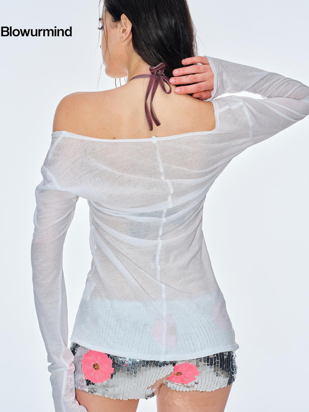 BUM STUDIO Sheer Textured Ultra Thin Slight Waist Women's Cotton Long Sleeve T-shirts