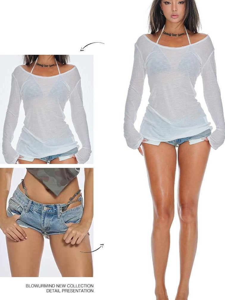 BUM STUDIO Sheer Textured Ultra Thin Slight Waist Women's Cotton Long Sleeve T-shirts