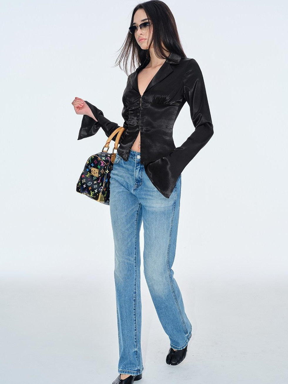BUM STUDIO Silky Acetate Sheen Waist Cinch Lapel Slim Women's Polyester Tie-front Shirts