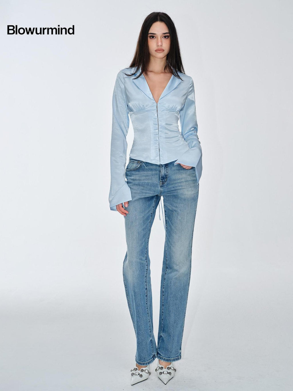 BUM STUDIO Silky Acetate Sheen Waist Cinch Lapel Slim Women's Polyester Tie-front Shirts