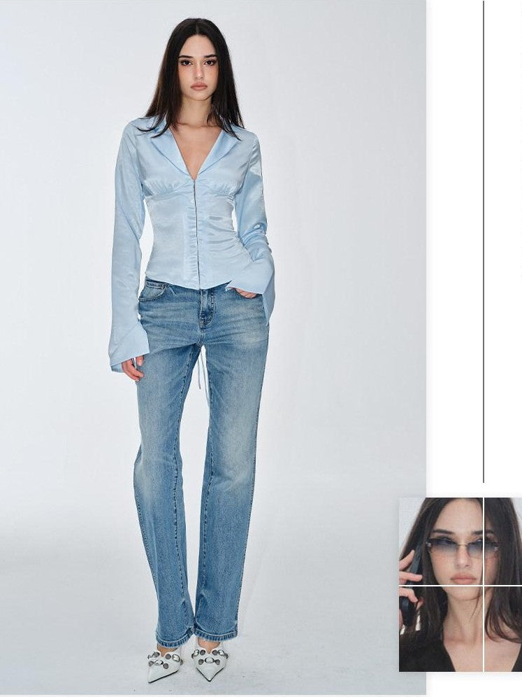 BUM STUDIO Silky Acetate Sheen Waist Cinch Lapel Slim Women's Polyester Tie-front Shirts