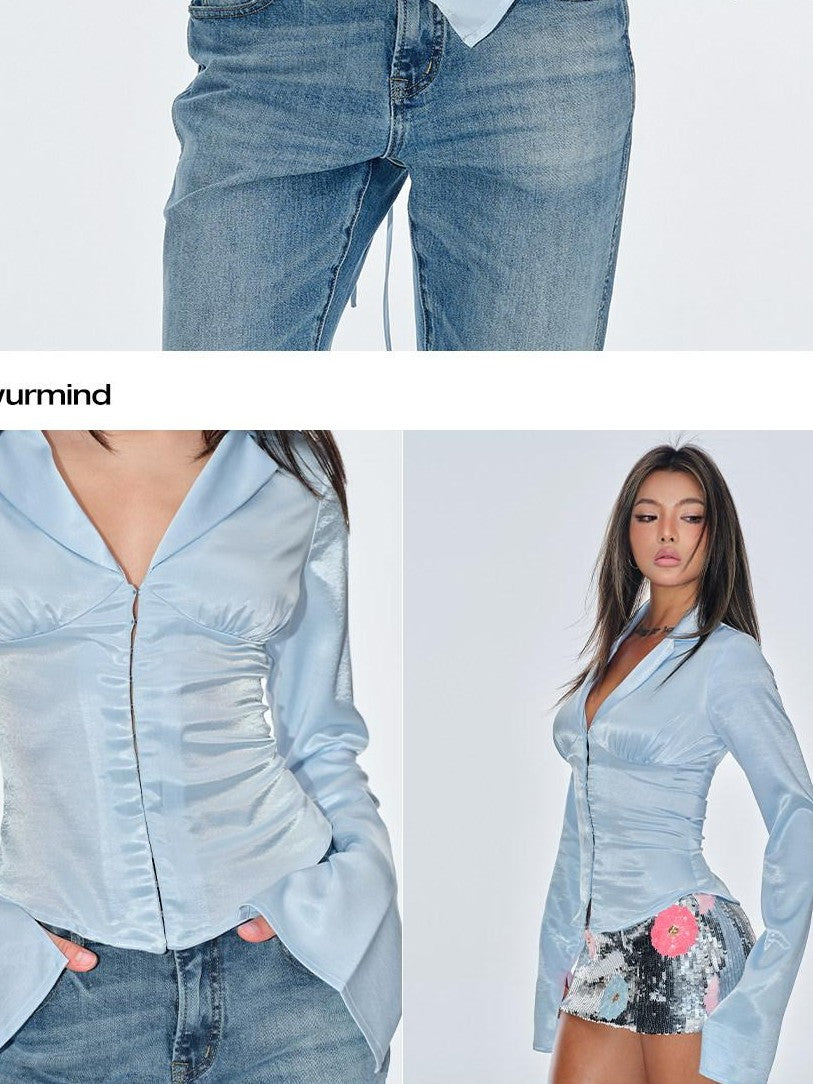 BUM STUDIO Silky Acetate Sheen Waist Cinch Lapel Slim Women's Polyester Tie-front Shirts
