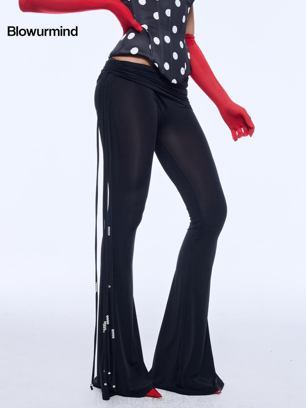 BUM STUDIO Silky Water Gloss Beaded Irregular Waist Women's Nylon Blend Flare Pants
