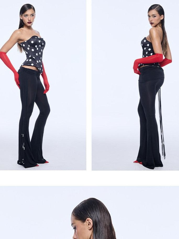 BUM STUDIO Silky Water Gloss Beaded Irregular Waist Women's Nylon Blend Flare Pants