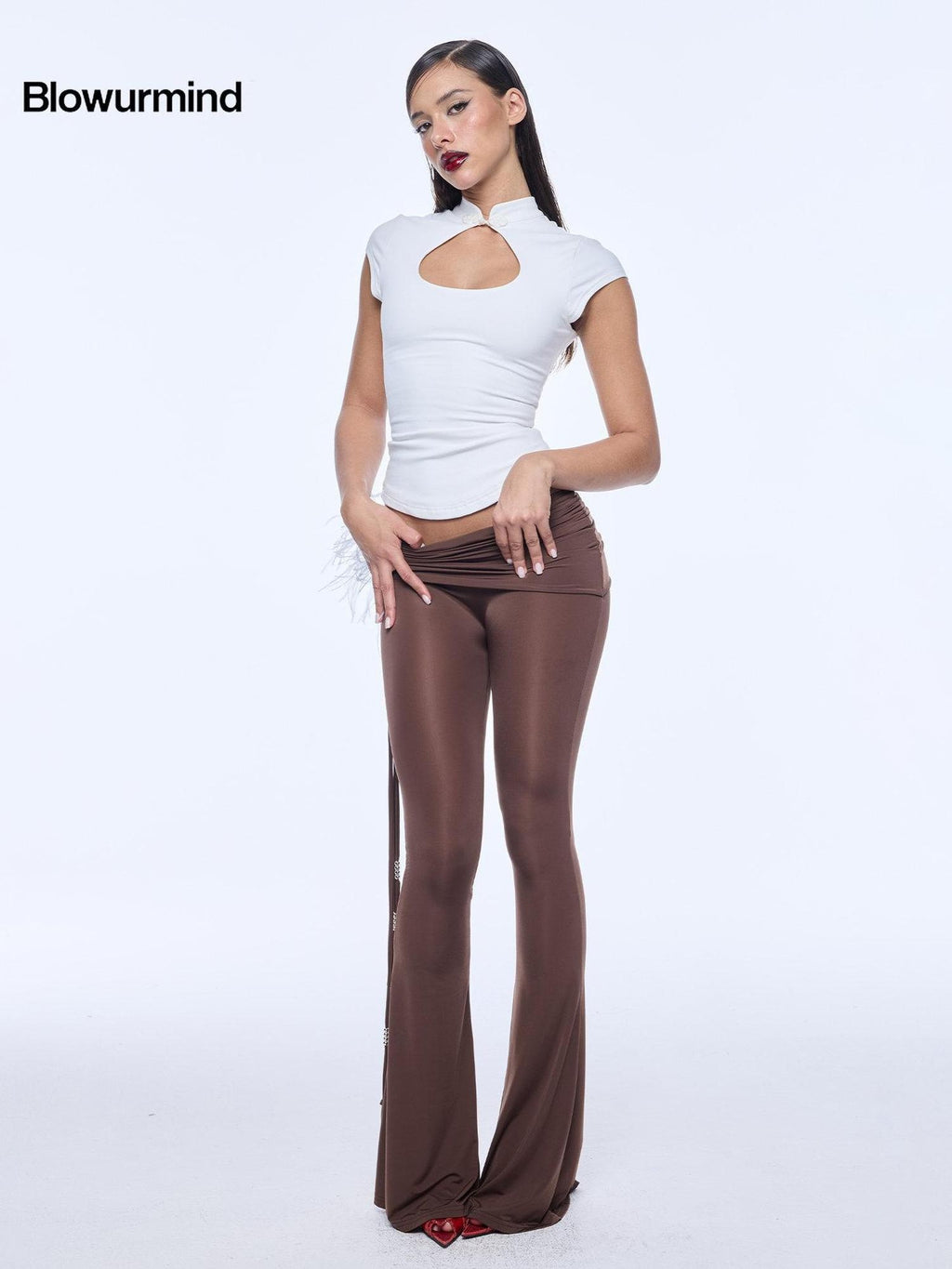 BUM STUDIO Silky Water Gloss Beaded Irregular Waist Women's Nylon Blend Flare Pants