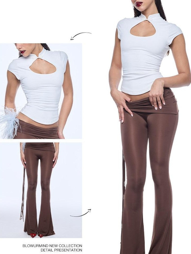 BUM STUDIO Silky Water Gloss Beaded Irregular Waist Women's Nylon Blend Flare Pants