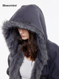 BUM STUDIO Silver Fox Faux Fur Reversible Embroidered Thick Women's Zip-up Hoodies