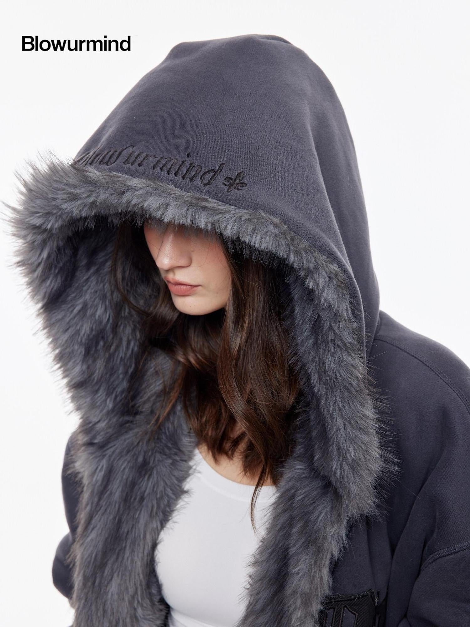 BUM STUDIO Silver Fox Faux Fur Reversible Embroidered Thick Women's Zip-up Hoodies