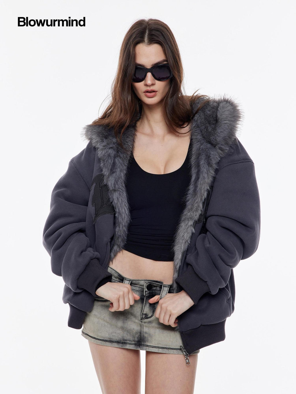 BUM STUDIO Silver Fox Faux Fur Reversible Embroidered Thick Women's Zip-up Hoodies
