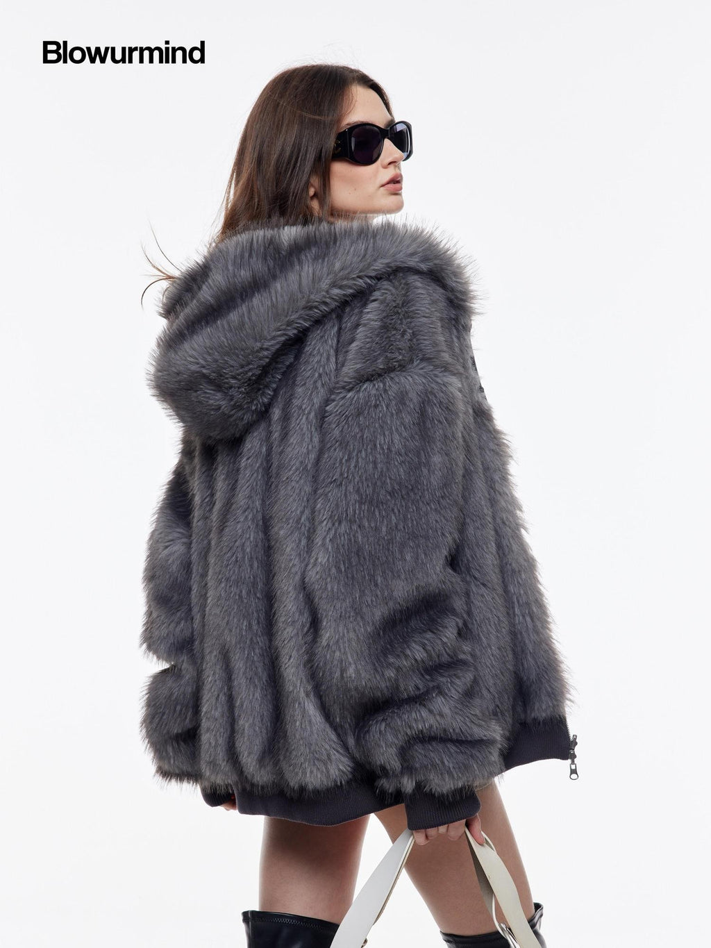 BUM STUDIO Silver Fox Faux Fur Reversible Embroidered Thick Women's Zip-up Hoodies