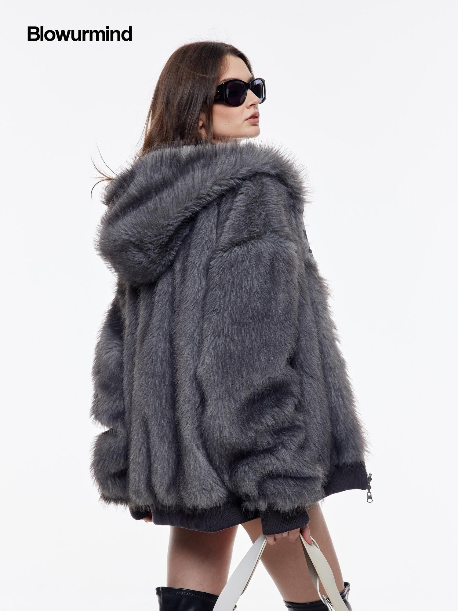 BUM STUDIO Silver Fox Faux Fur Reversible Embroidered Thick Women's Zip-up Hoodies