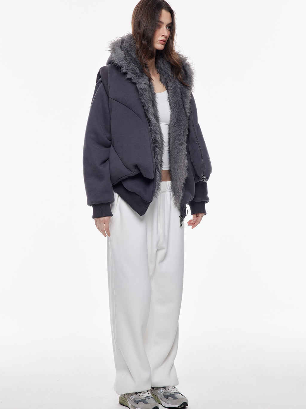 BUM STUDIO Silver Fox Faux Fur Reversible Embroidered Thick Women's Zip-up Hoodies