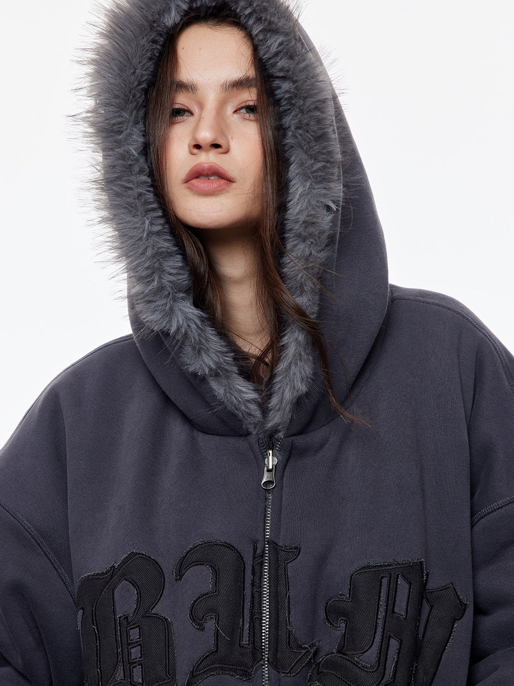 BUM STUDIO Silver Fox Faux Fur Reversible Embroidered Thick Women's Zip-up Hoodies