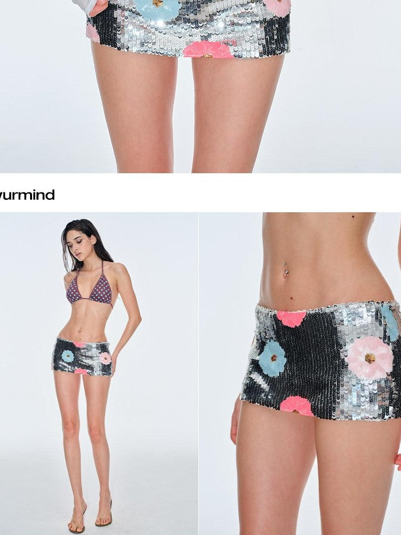 BUM STUDIO Silver Sequin Floral Low Waist Hip Hugging Women's Polyester Skorts
