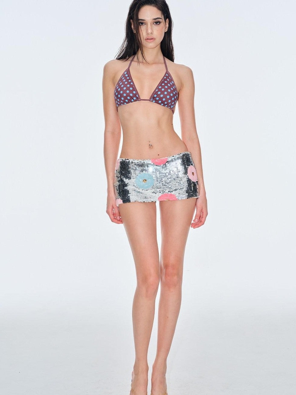 BUM STUDIO Silver Sequin Floral Low Waist Hip Hugging Women's Polyester Skorts